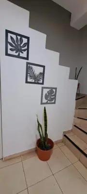 a plant in a pot next to a wall with four pictures at Apartment Playas de Oro Villa Carlos Paz in Villa Carlos Paz
