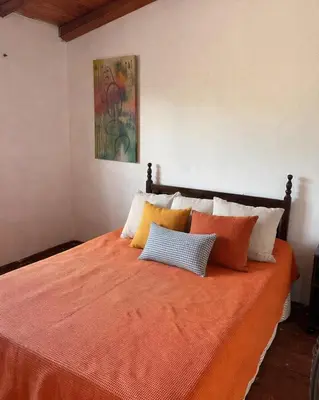 a bed with orange sheets and colorful pillows on it at Viva raíz in Nono