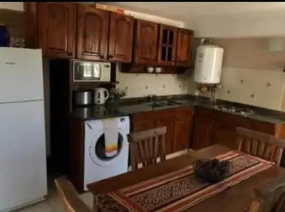 a kitchen with a white refrigerator and wooden cabinets at Vito in Villa Carlos Paz