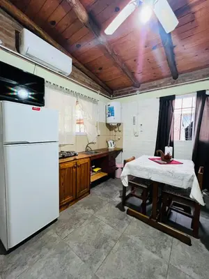 a kitchen with a white refrigerator and a table at Monoambiente in Santa Rosa de Calamuchita