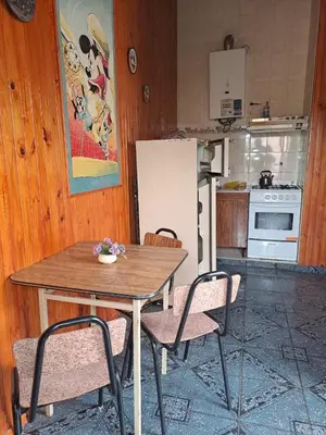 a kitchen with a table and chairs and a refrigerator at Departamentos Córdoba in Mina Clavero