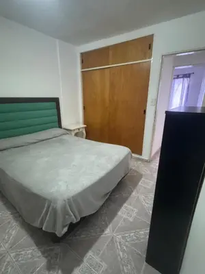 a bedroom with a bed and a wooden door at Depto 2 dormitorios, a 6 cuadras del rio y del centro in Villa Carlos Paz