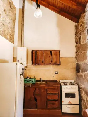 a kitchen with a stove and a sink and a refrigerator at Complejo Sol del Valle in Mina Clavero