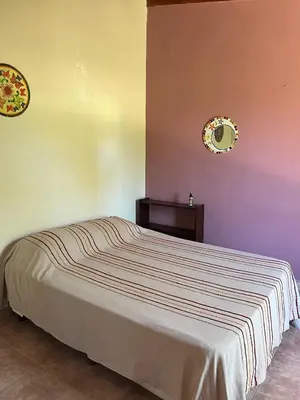 a bedroom with a bed and a mirror on the wall at Departamento de las sierras in Embalse