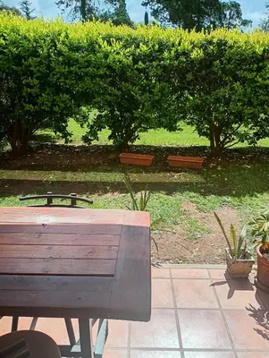 a wooden bench in a park with trees and bushes at Departamento amoblado de lujo con pileta y gym in Cordoba