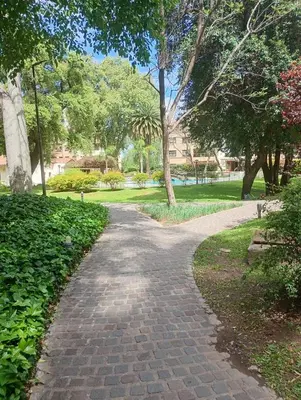 a brick path in a park with trees and grass at Departamento amoblado de lujo con pileta y gym in Cordoba