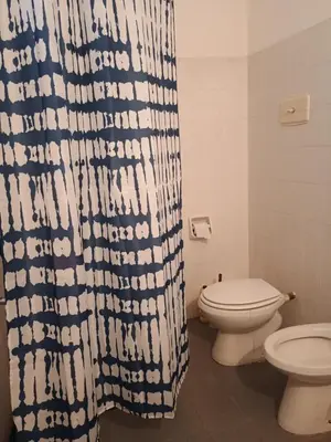 a bathroom with a toilet and a shower curtain at Los Bubos in Villa Los Aromos