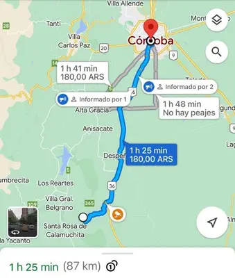 a map showing the route of the freeway at Cabañas El Mirador in Calmayo