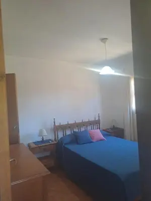 a bedroom with a blue bed and two night tables at Marta y Chiche in Mina Clavero