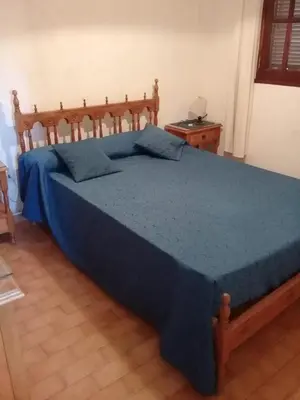 a bedroom with a bed with a blue comforter at Marta y Chiche in Mina Clavero