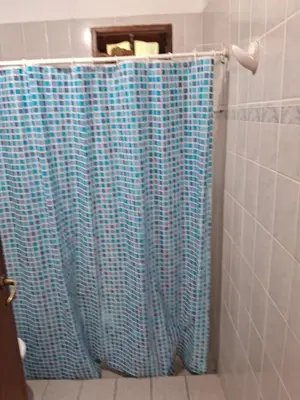 a bathroom with a shower with a blue shower curtain at Marta y Chiche in Mina Clavero