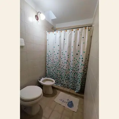 a bathroom with a toilet and a shower curtain at Casa con pileta exclusiva Mina Clavero in Mina Clavero