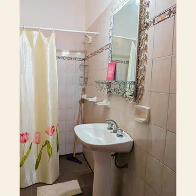 a bathroom with a sink and a shower curtain at Lo de Juany in Villa Cura Brochero