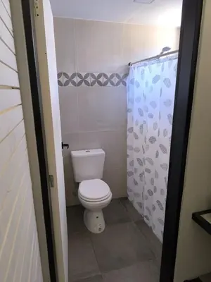 a bathroom with a toilet and a shower curtain at AlojaMenta in Nono
