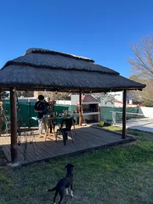 a black dog standing in front of a gazebo at Complejo cerca del rio in Villa Carlos Paz