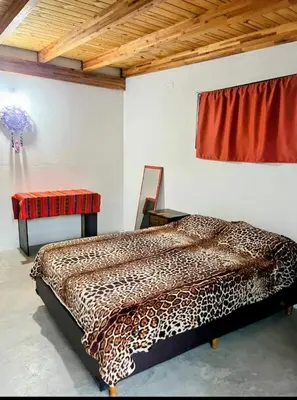 a bedroom with a leopard print bed and a window at El Nogal ll in Villa Carlos Paz