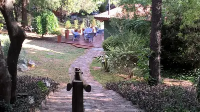 a garden with a fire hydrant on a stone path at Hostal La Quebrada in Cortaderas