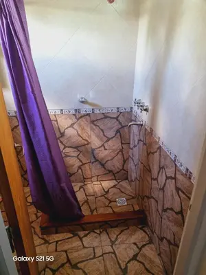 a bathroom with a shower with a purple shower curtain at Departamento mina clavero in Mina Clavero