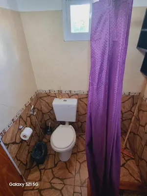 a bathroom with a toilet with a purple shower curtain at Departamento mina clavero in Mina Clavero