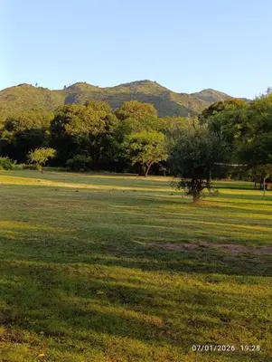 a grass field with trees and mountains in the background at Cabañas Viena II cerquita de Villa General Belgrano in Villa Ciudad Parque