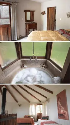 two pictures of a room with a bed and a window at Cabañas Bendita Tierra 1 in Los Molles