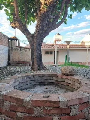 a brick fire pit in front of a tree at Chalet Ferrari in Mina Clavero