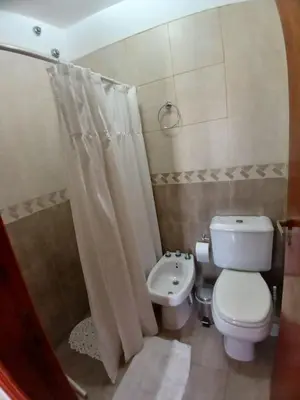 a bathroom with a toilet and a sink and a shower at Los tamarindos in Villa Carlos Paz