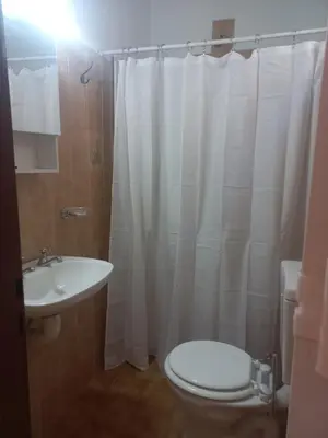 a bathroom with a white shower curtain and a toilet at El Nogal Mina Clavero in Mina Clavero
