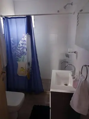 a bathroom with a blue shower curtain and a sink at La Calma in Villa Yacanto