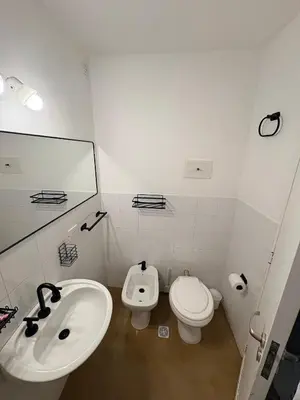 a bathroom with a sink and a toilet and a mirror at Nuevocentro Apartment in Cordoba