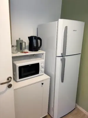 a kitchen with a refrigerator and a microwave at Nuevocentro Apartment in Cordoba
