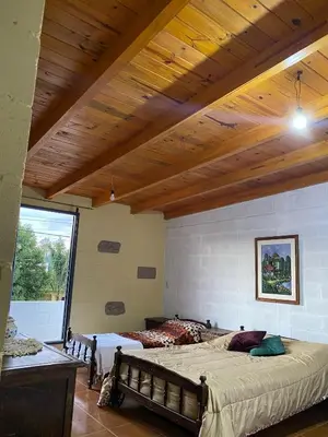 a bedroom with two beds and a wooden ceiling at Depto Dos Plantas en Bialet Massé in Bialet Massé