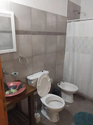 a bathroom with a toilet and a sink at Cabañas San Antonio in Santa Rosa de Calamuchita