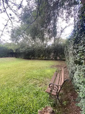 a park bench sitting in the grass under a tree at Casa terracota in Villa General Belgrano