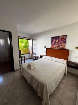 a bedroom with a large white bed and a window at Hosteria Abuelo Juan in Mina Clavero
