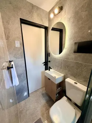 a bathroom with a toilet and a sink and a mirror at Apartment in Nueva Cba meters from Buen Pastor in Cordoba