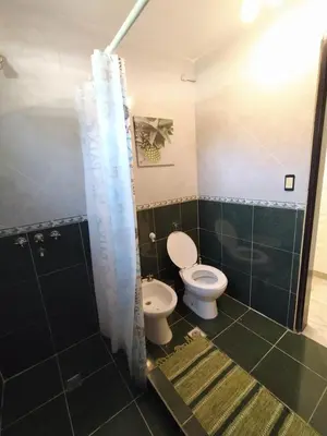 a bathroom with a toilet and a shower at Departamento de los Cuadros in Villa Carlos Paz