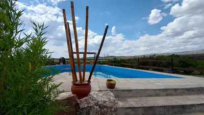 a vase sitting next to a swimming pool at Brisas de Montaña in Mina Clavero