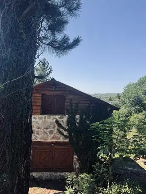 a building with a wooden garage next to a tree at Stone Cabin, PETRA HAUS in Cuesta Blanca