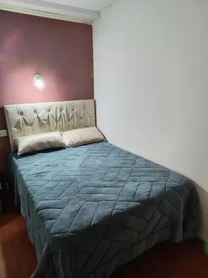 a bedroom with a bed with a blue blanket at San Martin 40 in Villa Carlos Paz