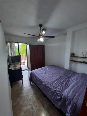 a bedroom with a bed and a ceiling fan at Marisa depto temporario in Villa Carlos Paz