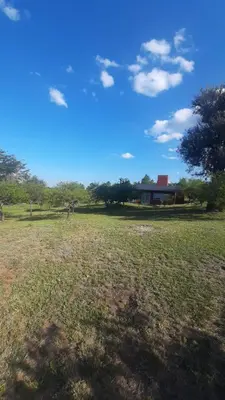 a field of grass with a house in the background at Cabañas Piscu Yaco in Santa Rosa de Calamuchita
