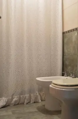 a bathroom with a toilet and a shower curtain at Bellísimo apartamento con vistas a la ciudad in La Porteña