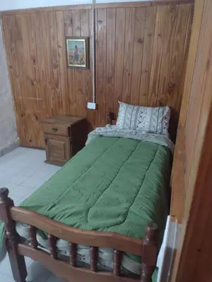 a bedroom with a green bed with a wooden wall at Refugio Serrano Carlos Paz parque y pileta privada in Villa Carlos Paz