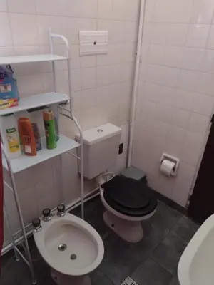 a bathroom with a pink toilet and a sink at Refugio Serrano Carlos Paz parque y pileta privada in Villa Carlos Paz
