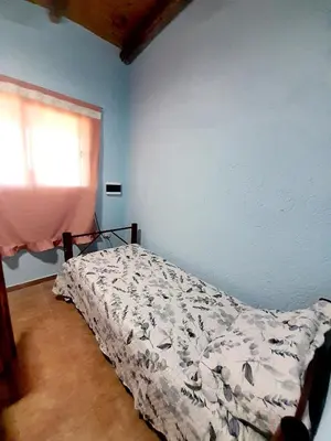 a bed in a bedroom with a blue wall and a window at Brisas de las Sierras 2 in Tanti