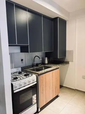 a kitchen with black cabinets and a stove and a sink at Departamento luminoso y acogedor en Alberdi in Cordoba