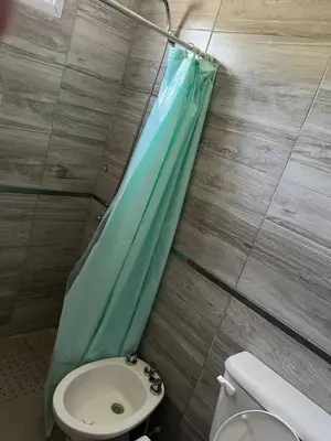 a bathroom with a toilet and a green shower curtain at La casita de Nestor in Cavalango