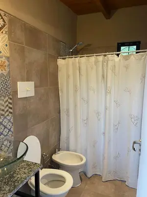 a bathroom with a toilet and a shower curtain at Complejo DOS LUNAS in La Porteña