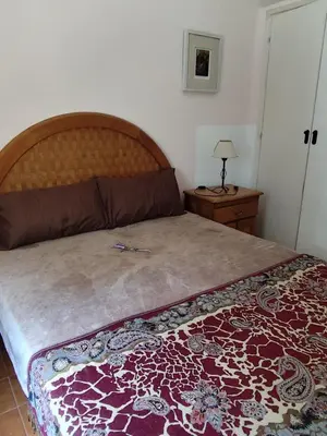 a bedroom with a large bed with a wooden headboard at Casa con pileta y jardín - 3 dormitorios in Villa Carlos Paz